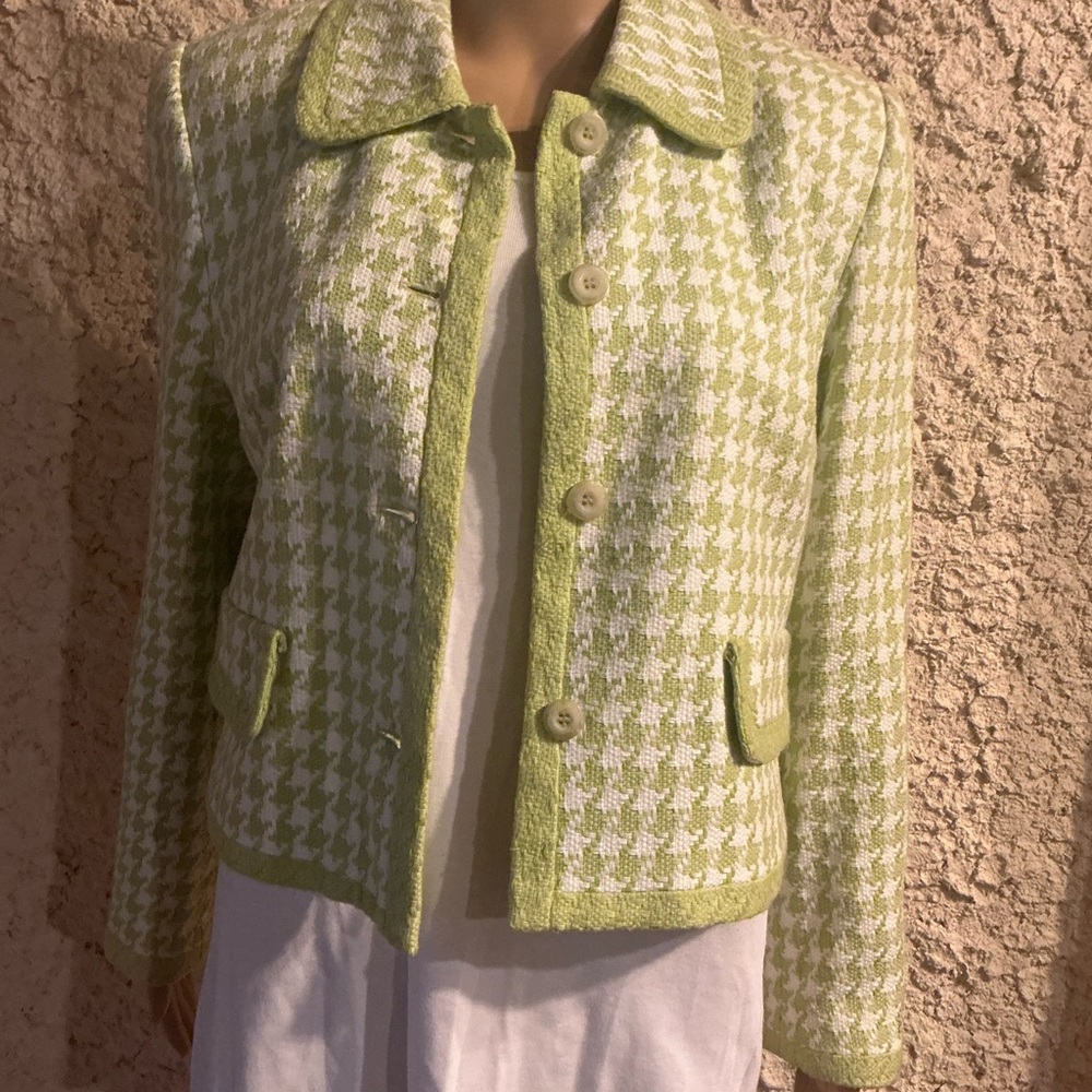 SIMPLY MANAKIN Elegant Green and White Houndstooth Jacket - Size 12P